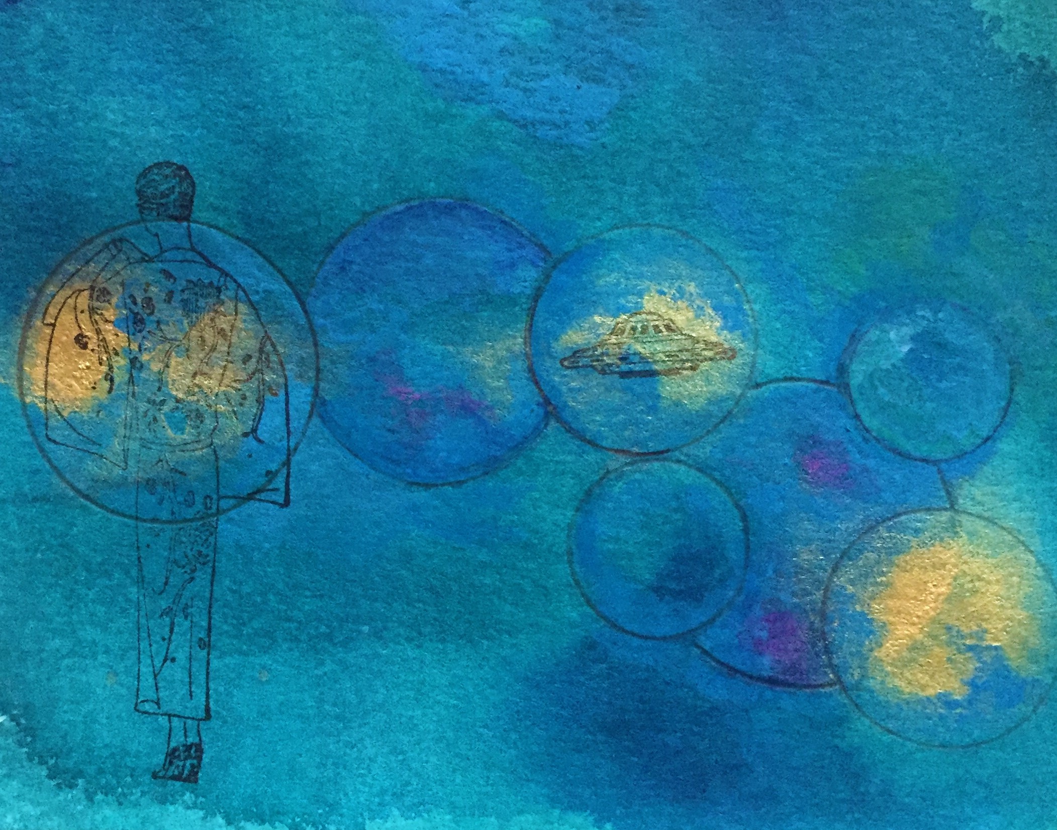 She Saw a Mathimatical Universe in Bubbles, 2019 collage on canvas